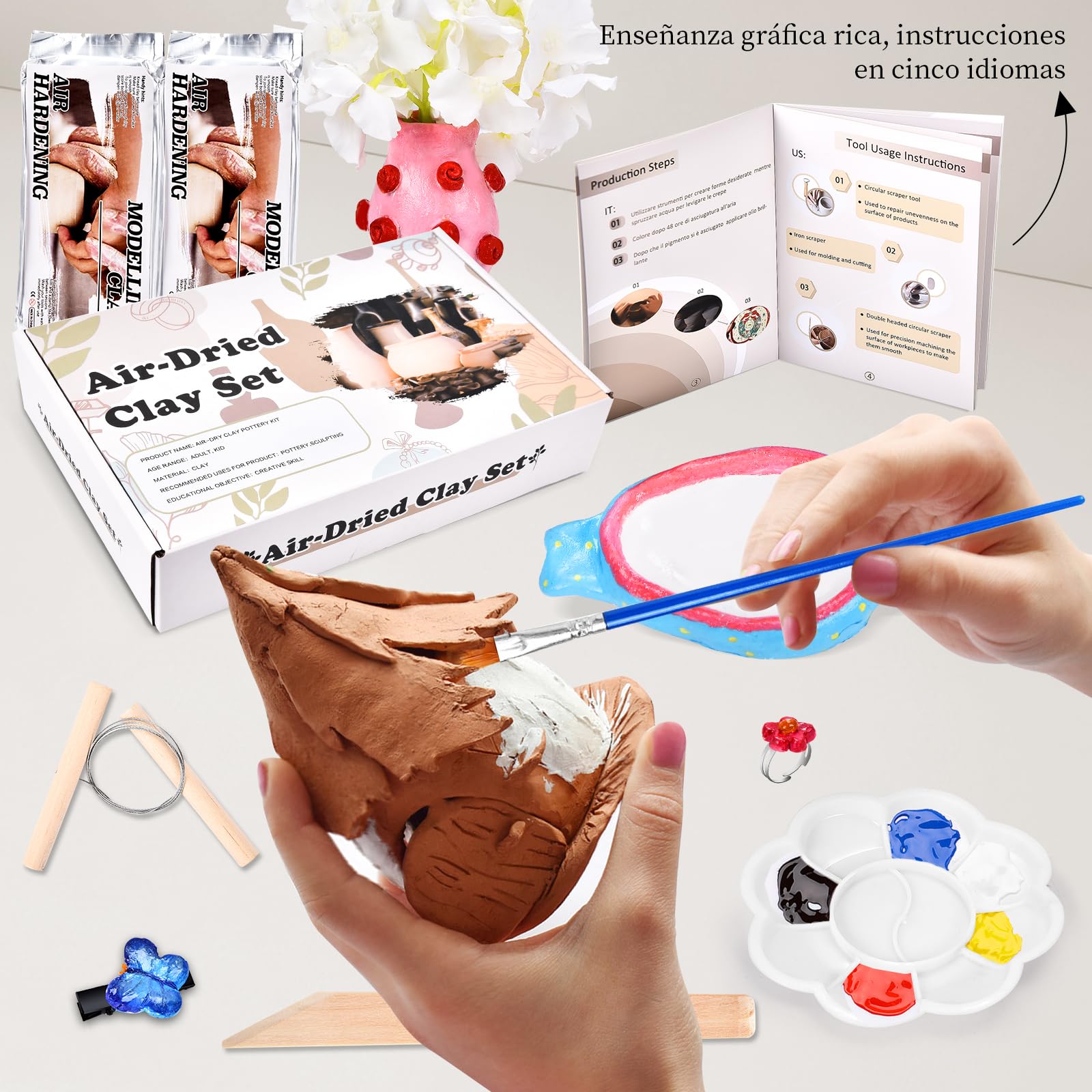 Herenear Kit Arcilla Secado al Aire Blanca, Kit de Cerámica para Principiantes, Ceramica Secado al Aire, Pinturas y Accesorios, Regalos para Amantes de la Artesanía (Kit de Cerámica)