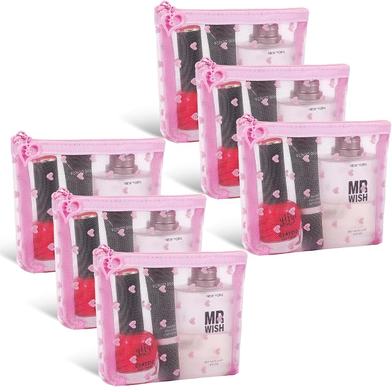 Fassave Pacote com 6 necessaires de maquiagem em tela de nylon com zíper, estampa de coração, Widened-Pink, XS