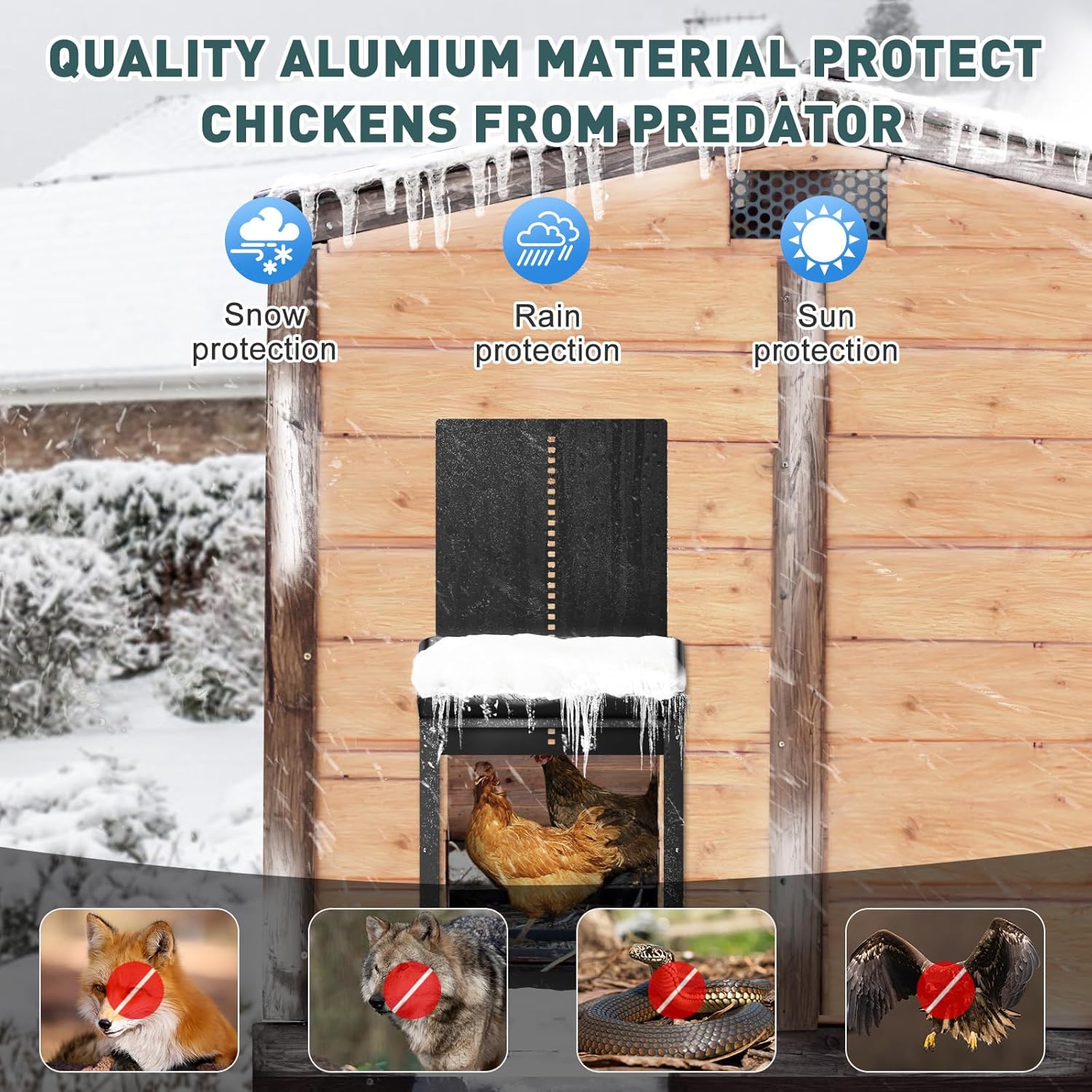 Image showing the Cozion chicken coop door in various weather conditions (snow, rain, sun) and icons indicating protection against predators like foxes, wolves, snakes, and eagles.