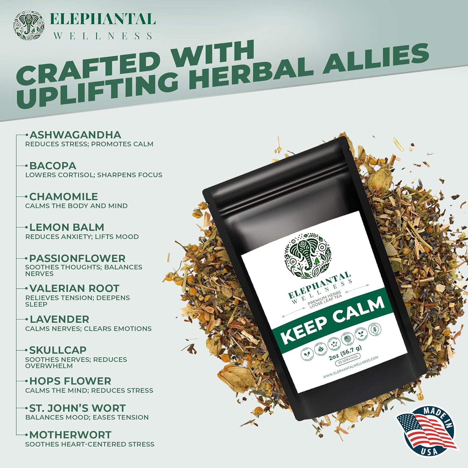 Elephantal Wellness Keep Calm Herbal Tea | Stress Relief & Mood Support with Ashwagandha, Lemon Balm, Chamomile, Valerian & St. John’s Wort | Handmade, Caffeine-Free Loose Leaf Blend | 2oz, 20 Servings - Image 2