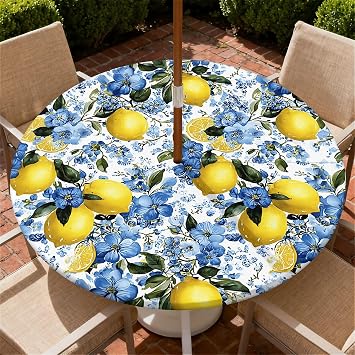 Outdoor Tablecloth with Umbrella Hole 60in Round Fitted Tablecloth with Elastic Zippered Waterproof Wipeable for Party Picnic Dinner Farmhouse Tabletop Decor - Lemons and Blue Flowers