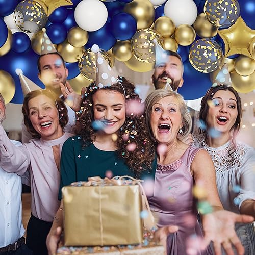 Miniatura 5 de Kit de arco de guirnalda de globos azul marino y dorado, color azul real, blanco, dorado metálico, confeti, globos de varios tamaños para