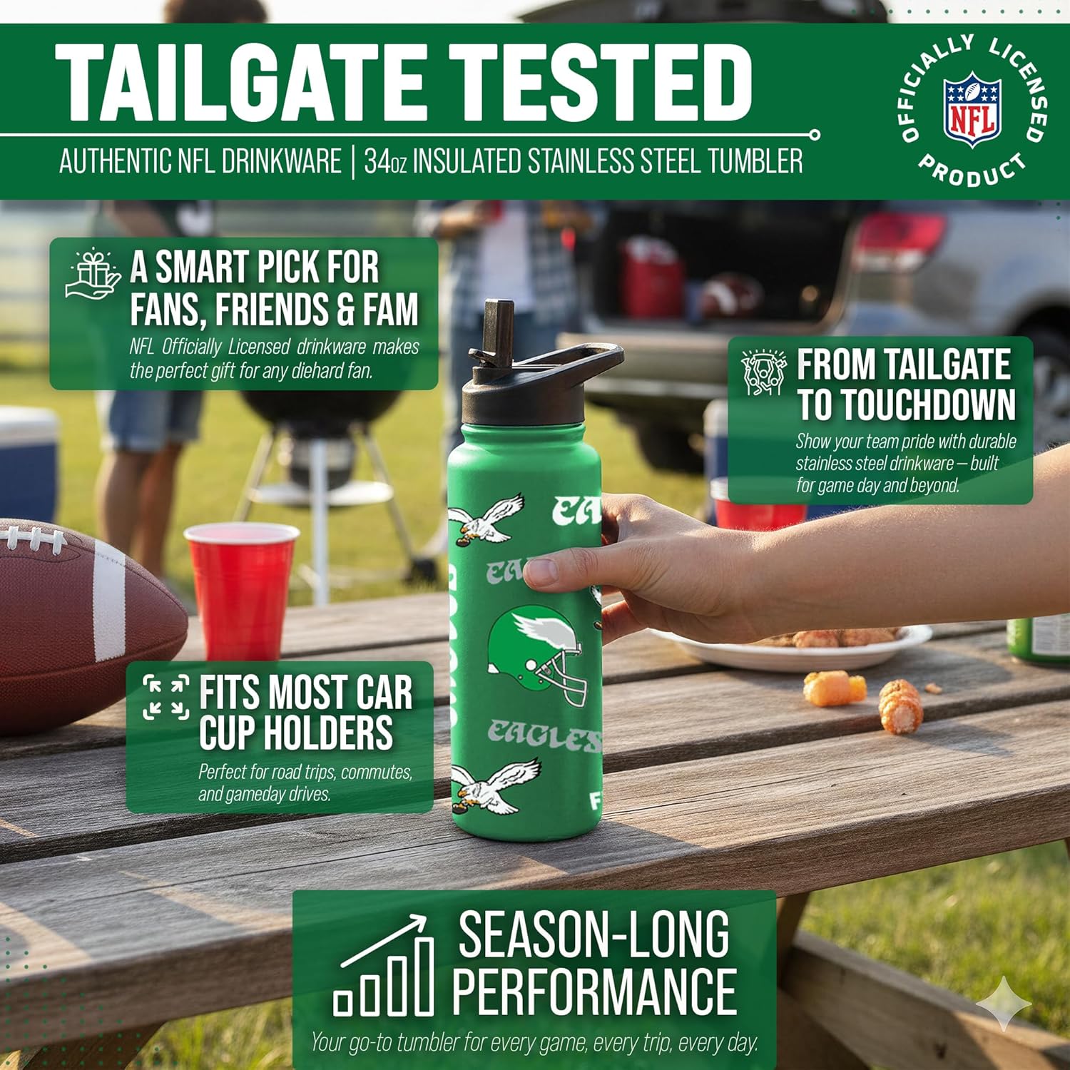 Team Fan Apparel NFL 34oz Quencher Stainless Steel Insulated Water Bottle, Easy-Carry, No-Spill, No-Leak Lid, Flip Top Spout