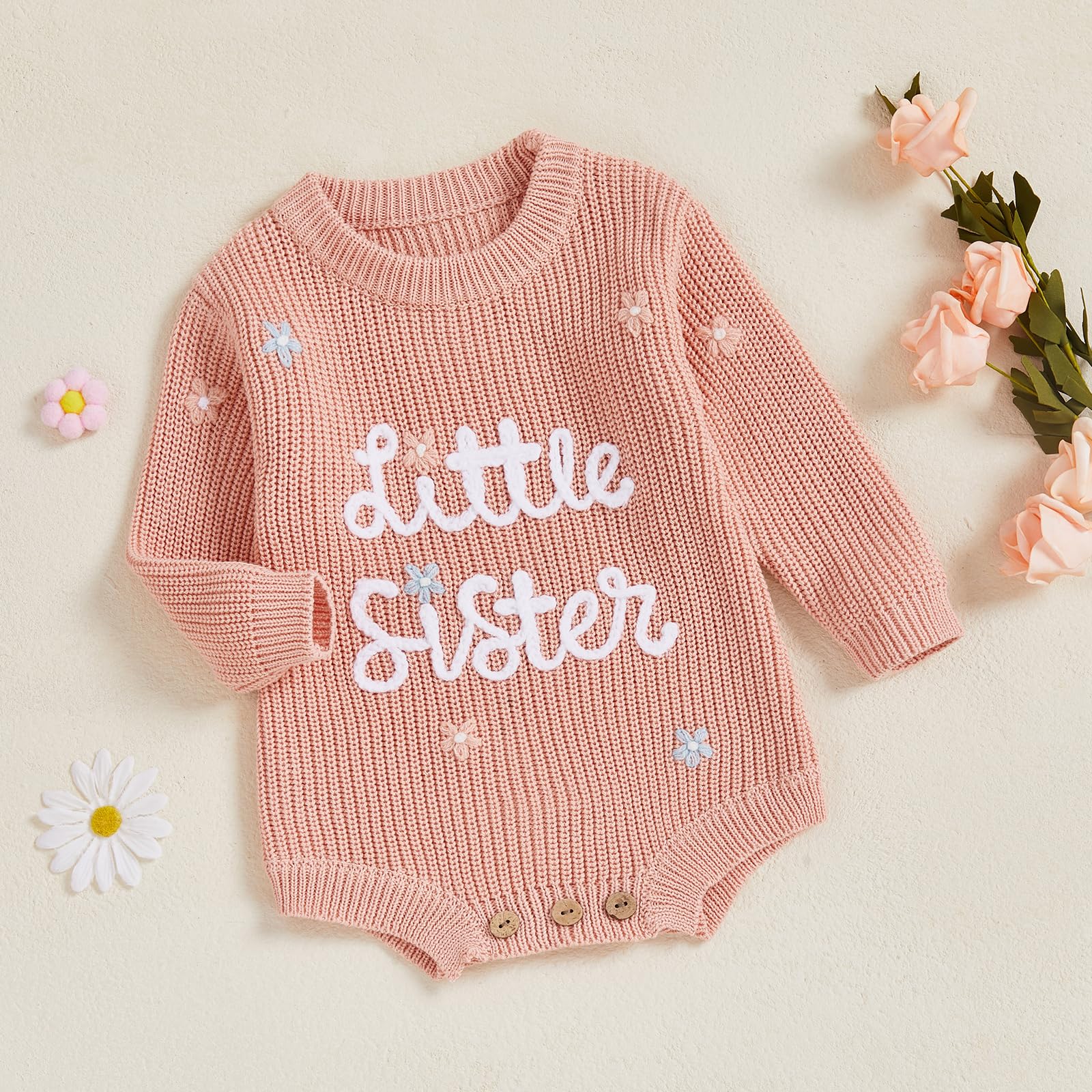 Baby Girl Sweater Little Sister Flower Embroidery Long Sleeve Crew Neck Knitted Rompers Newborn Autumn Winter Bodysuits Girls Jumpsuit 0-12M