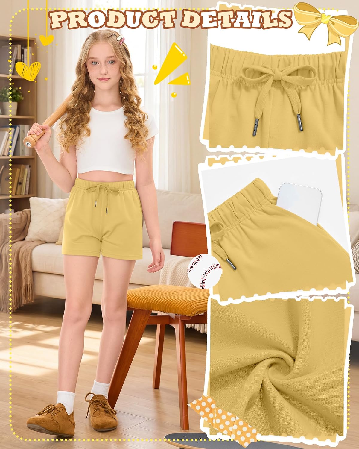3 Pack Girls' Shorts Loose Wide Leg Short Pants Summer Athletic Casual Pull on SweatShorts with Pockets 5-14 Years