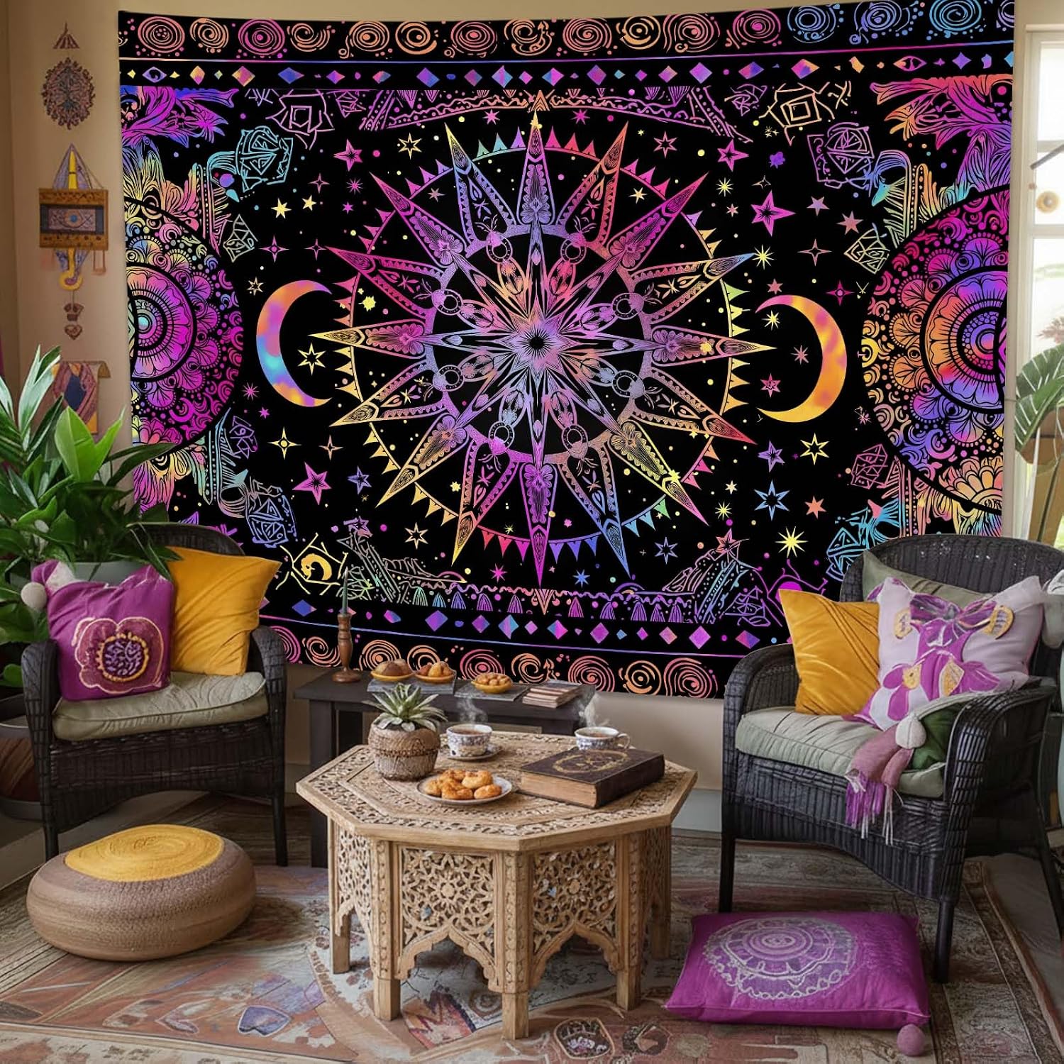 Leeisysme Hippie Sun and Moon Tapestry, Blacklight UV Reactive Neon Tie Dye Celestial Wall Hanging for Living Room Bedroom Home Decor, Purple 36x48 inches