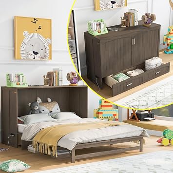 Queen Size Murphy Bed with Built-in Charging Station and Storage Drawer,Solid Wood Storage Bed can be Folded into a Cabinet for Small Spaces