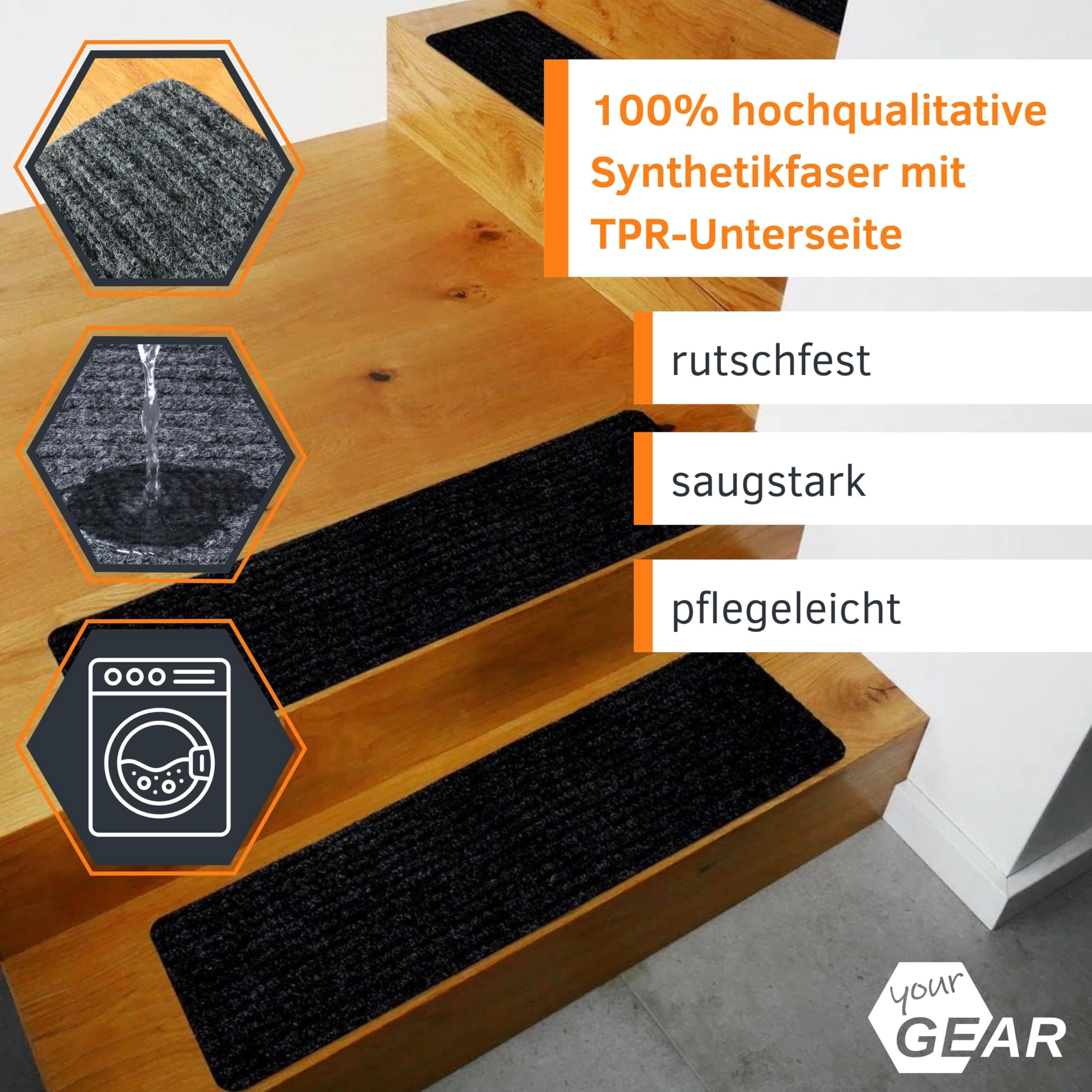 your GEAR Stufenmatten selbsthaftend 76x20 cm – 15 Stück Hellgrau – rutschfeste Treppenstufen Matten waschbar – Antirutsch Treppenteppich zuschneidbar – Treppenschutz innen modern