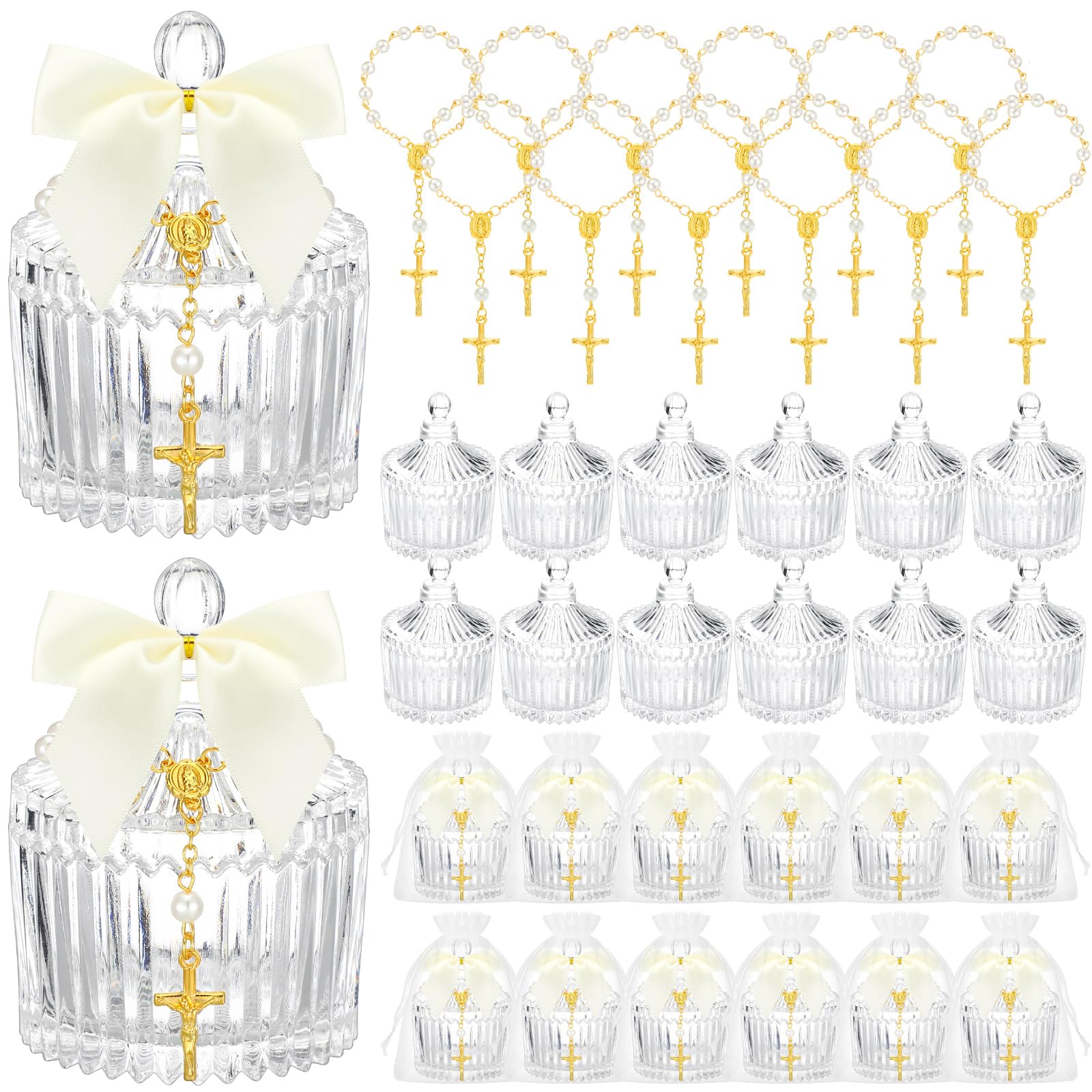Chuangdi 12 Sets Taufgeschenke, Kristall-Süßigkeitenschüssel-Sets für Gäste, Geschenke zur Erstkommunion, mit 12 Kreuz-Rosenkranz, für Babyparty, Taufe, Dekoration, Erstkommunion, Party