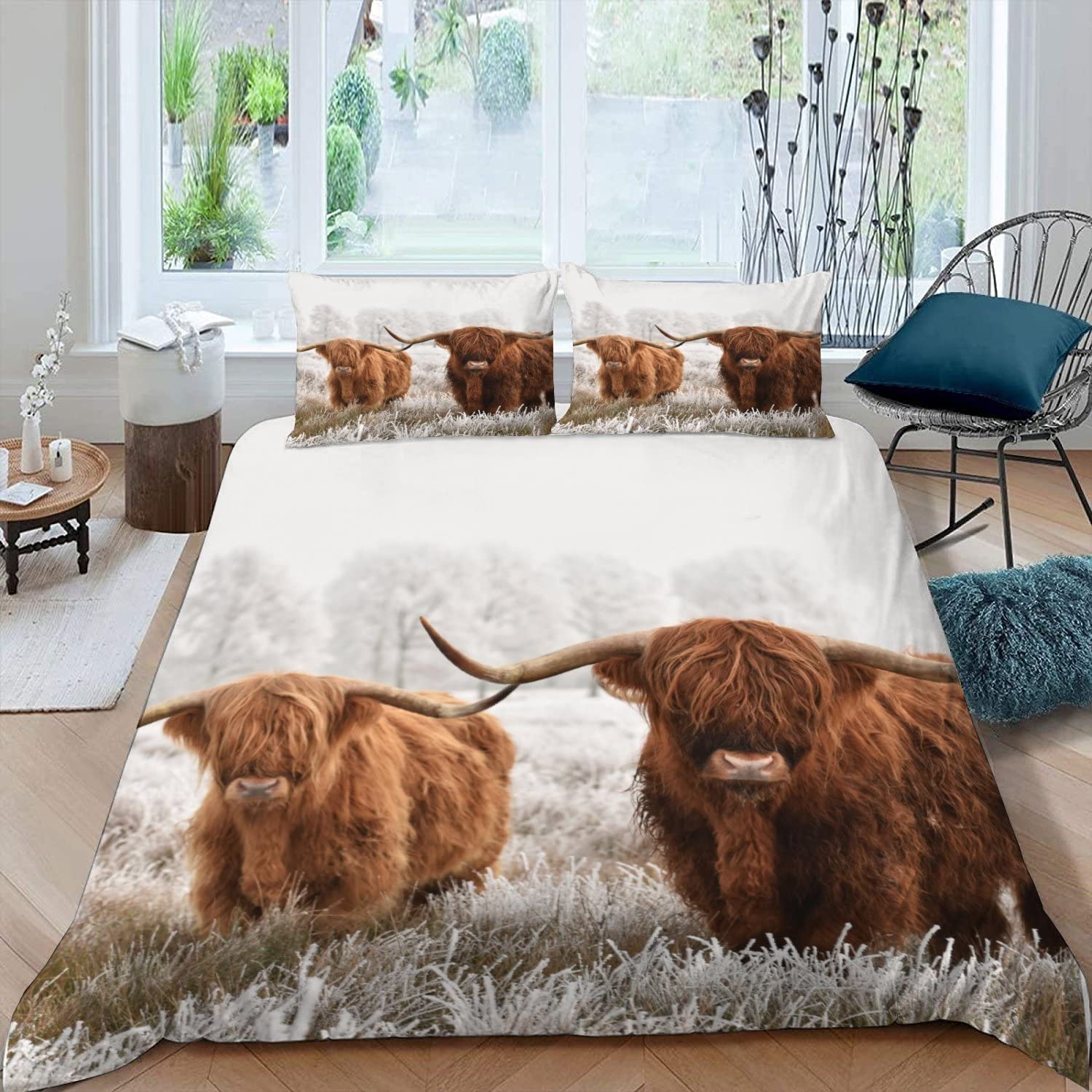 Juego de cama de 3 piezas bovinos de las tierras altas escocesas para invierno, funda nórdica de 240 x 260 cm, 2 personas, 3D, diseño con cremallera, hipoalergénico, microfibra con 2 fundas de