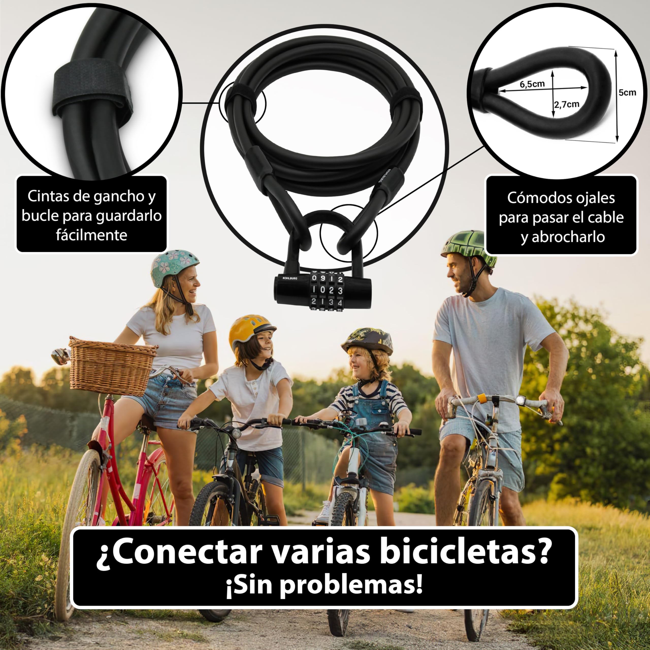 KOHLBURG Candado de cable con combinación 500cm candado bicicleta antirrobo | Candado combinacion 5 metros | Cable de acero con cintas de gancho y bucle | Antirrobo para bici, muebles de jardín, remolque