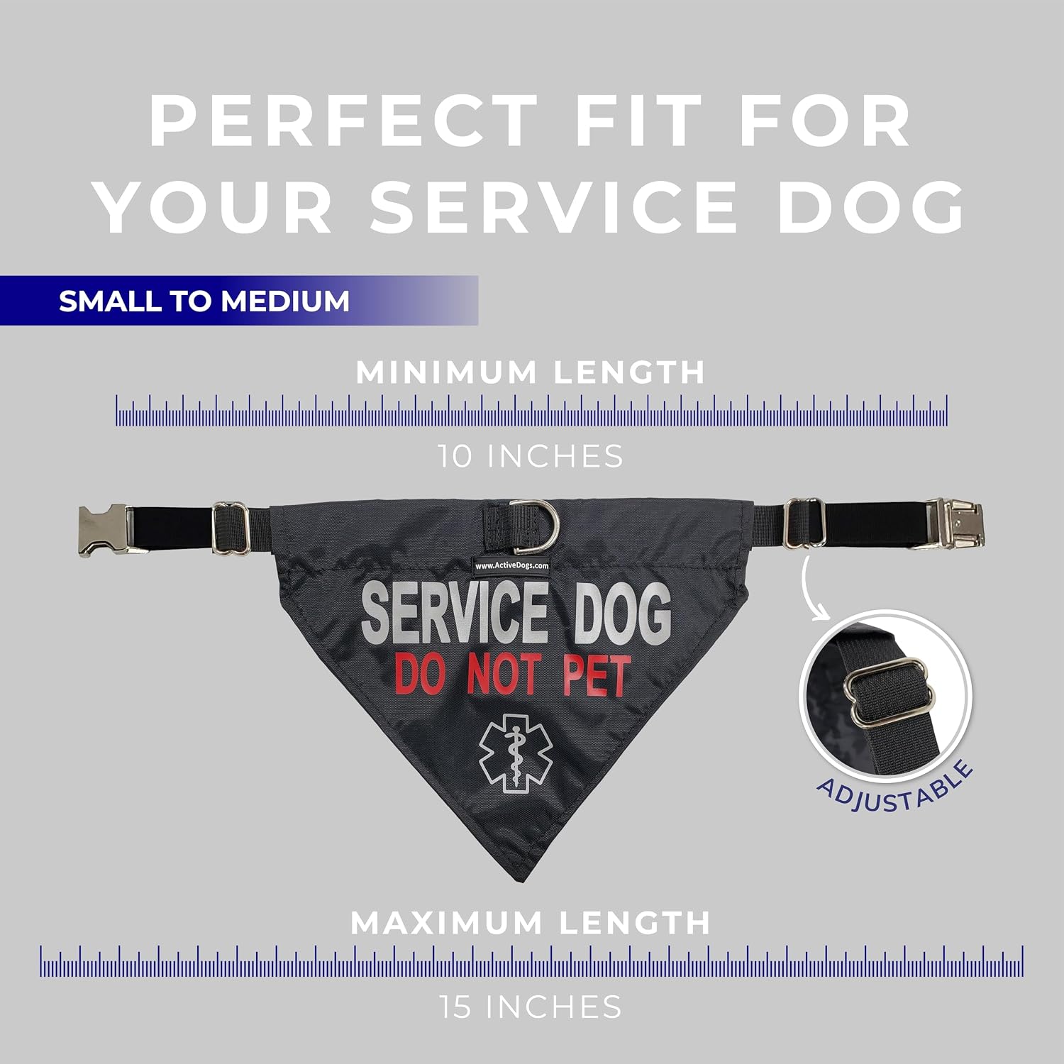 ActiveDogs Service Dog Bandana Collar - Adjustable Nylon Do Not Pet Service Dog Sash Collar - Durable Center D-Ring & Reflective Medical Insignia for Small to Medium Neck (10"-15")