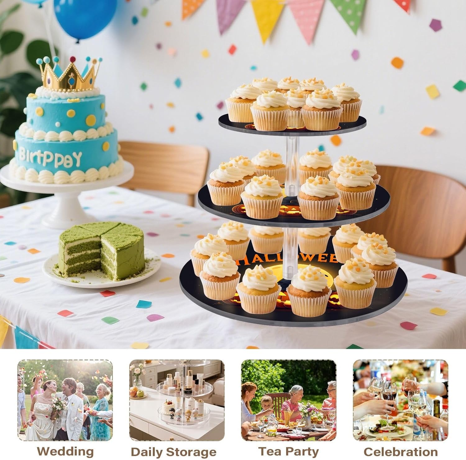 Pumpkin Moon Magic Hat Halloween 3 Tier Acrylic Cupcake Stand, Cupcake Stand for 34 Cupcakes for Weddings, Christmas,Holidays,Parties,Birthday,Printed Cupcake Tower 23300697