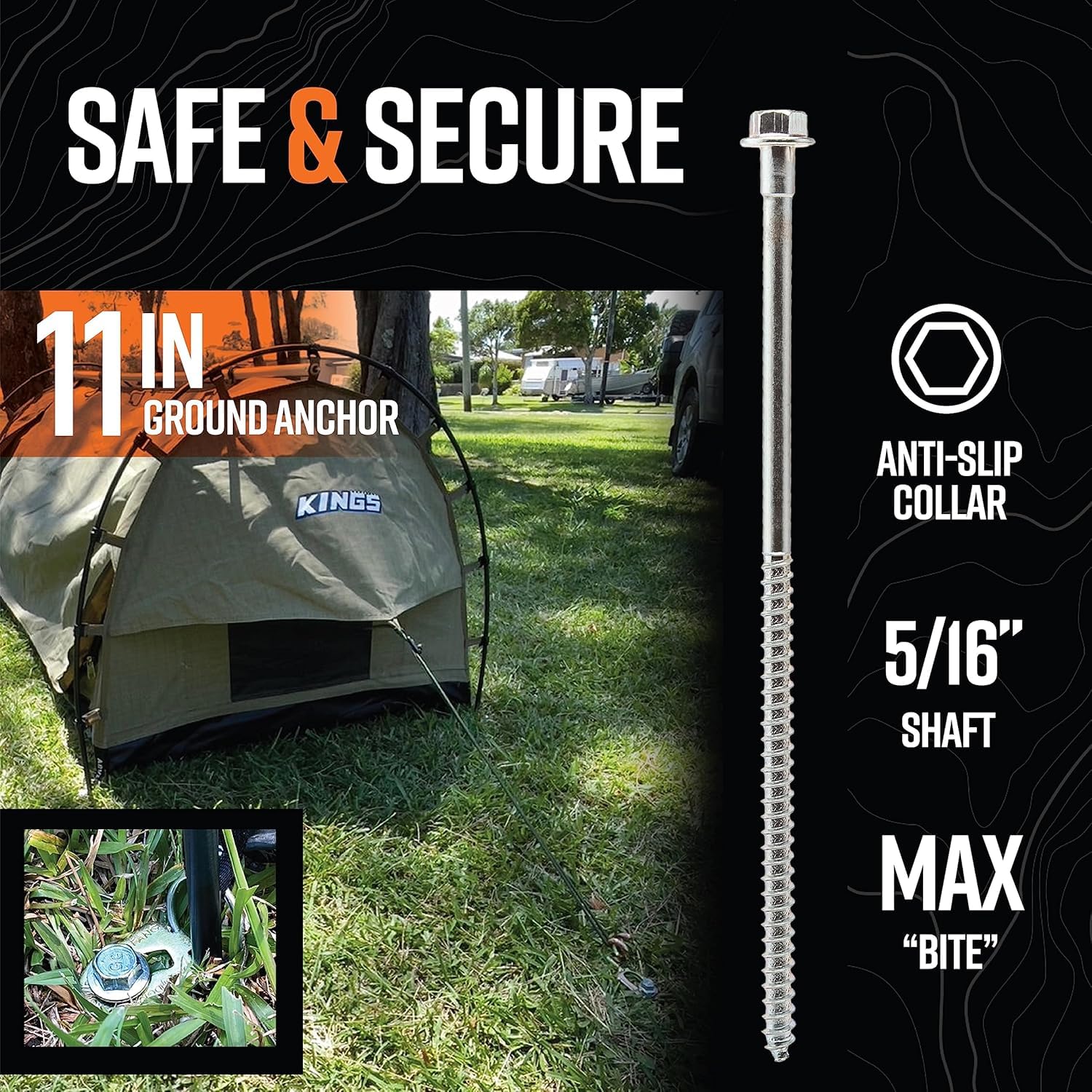 GroundGrabba Junior Stake Kit | Heavy Duty Screw-in Ground Anchors, for Tents, Outdoor Camping, and Backpacking | 6 Stakes, The Fang (6), 15mm Hex Driver (1)