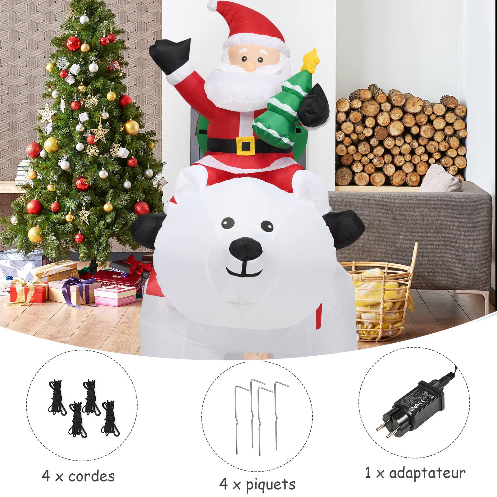 RELAX4LIFE 2M Père Noël Gonflable et Ours Polaire Soufflés, Décoration de Noël Gonflable en Polyester avec 4 Lumières LED pour Jardin & École & Magasin