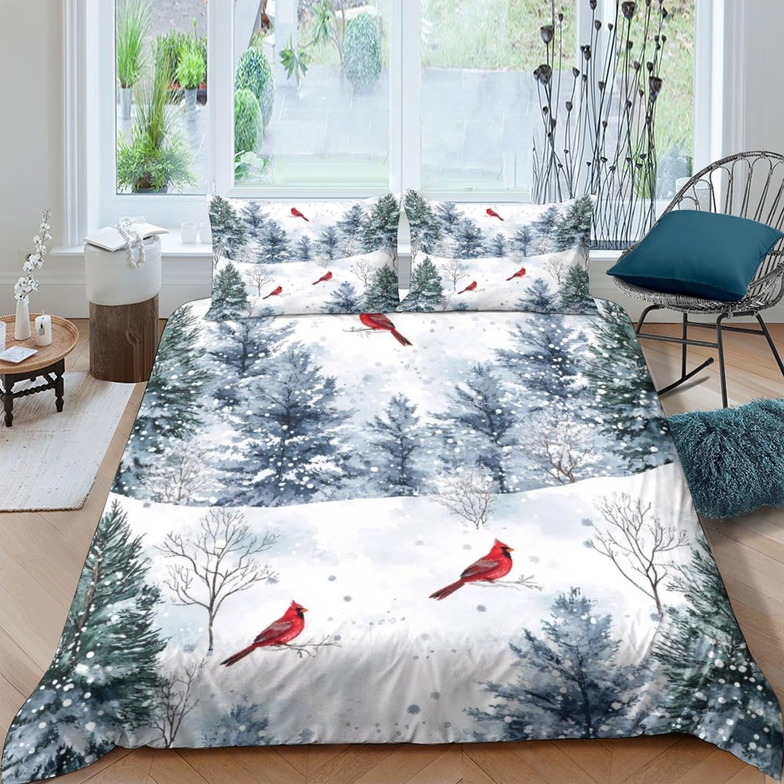 GPLZQXKJNH 3D Printed Winter Forest Duvet Cover Microfiber Soft Breathable Cardinal Bird Bedding Set with 2 Pillowcases for Bedroom Decor Single（135x200cm）