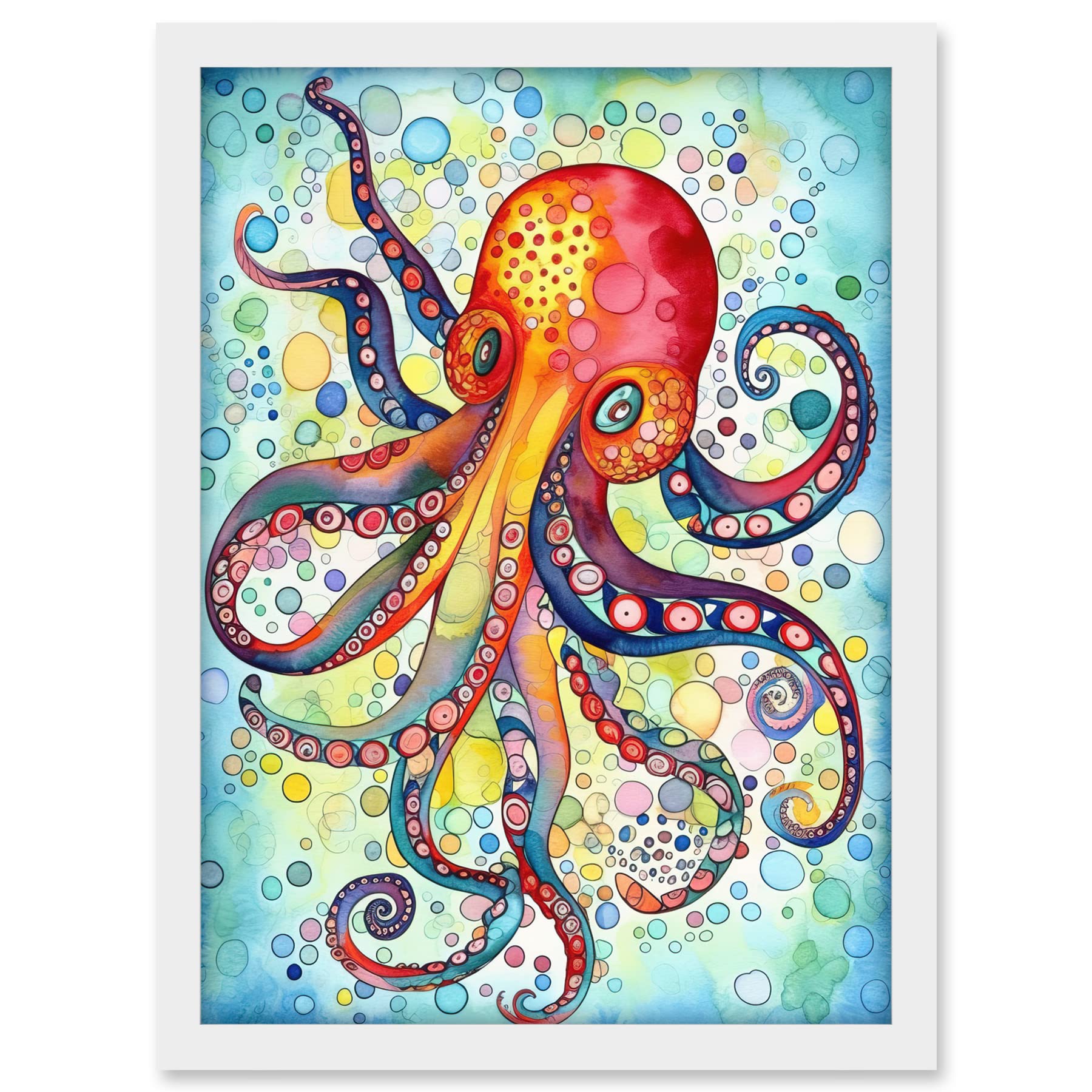 Artery8 Octopus Swimming In Air Bubbles Folk Art Watercolour Painting Artwork Framed A3 Wall Art Print
