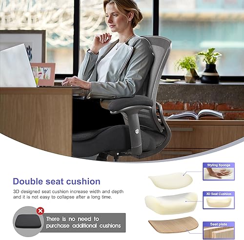 Miniatura 4 de Silla de redacción de malla para computadora, taburete de escritorio de pie con soporte lumbar, cojín de asiento doble, reposabrazos ajustable en