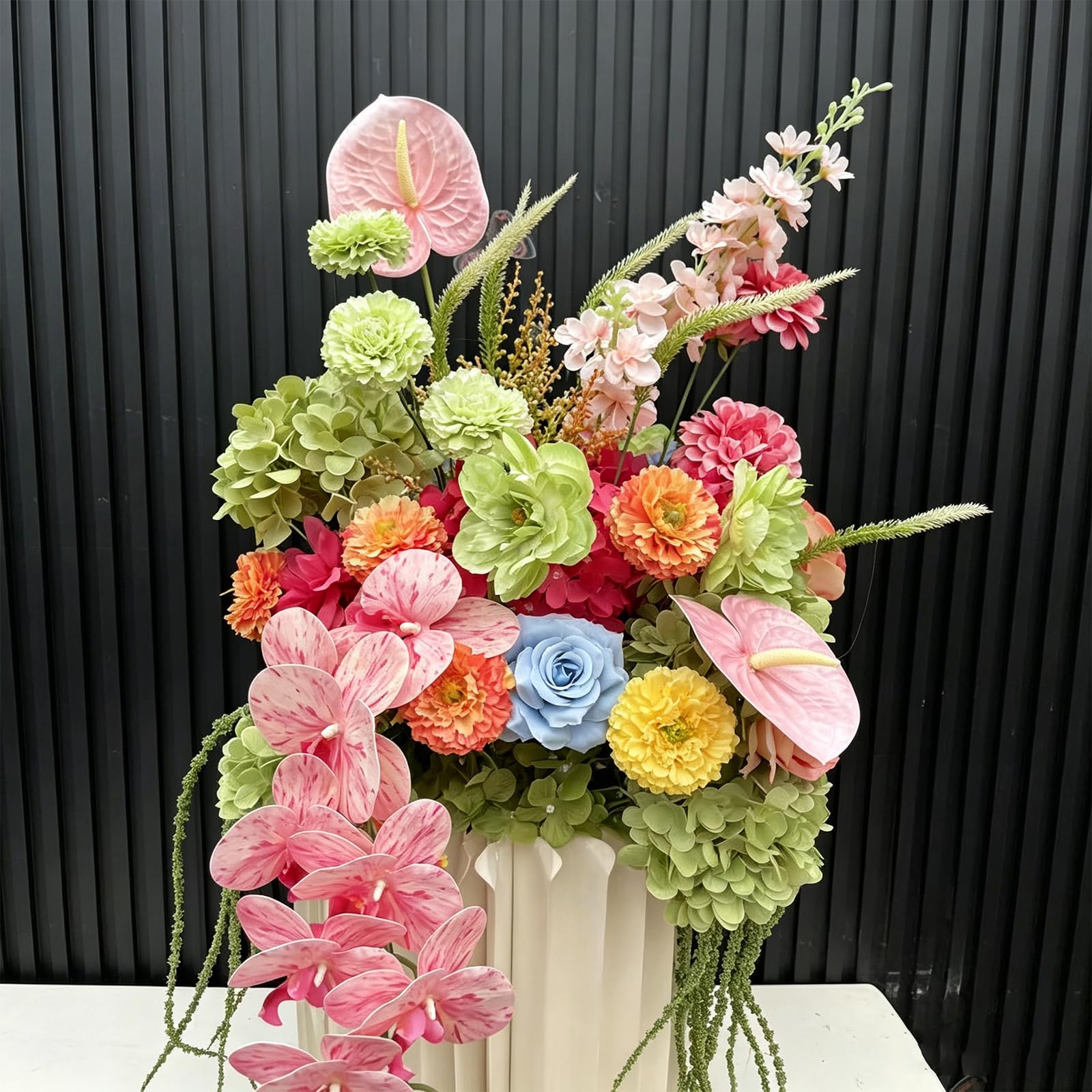 Pink Green Blue Artificial Silk Flowers Arrangement, Fake Floral Bouquet with Anthurium Orchid Rose Hydrangea for Wedding Centerpieces, Bridal Shower, Party, Home Table Spring Decor (Green Red,50cm)