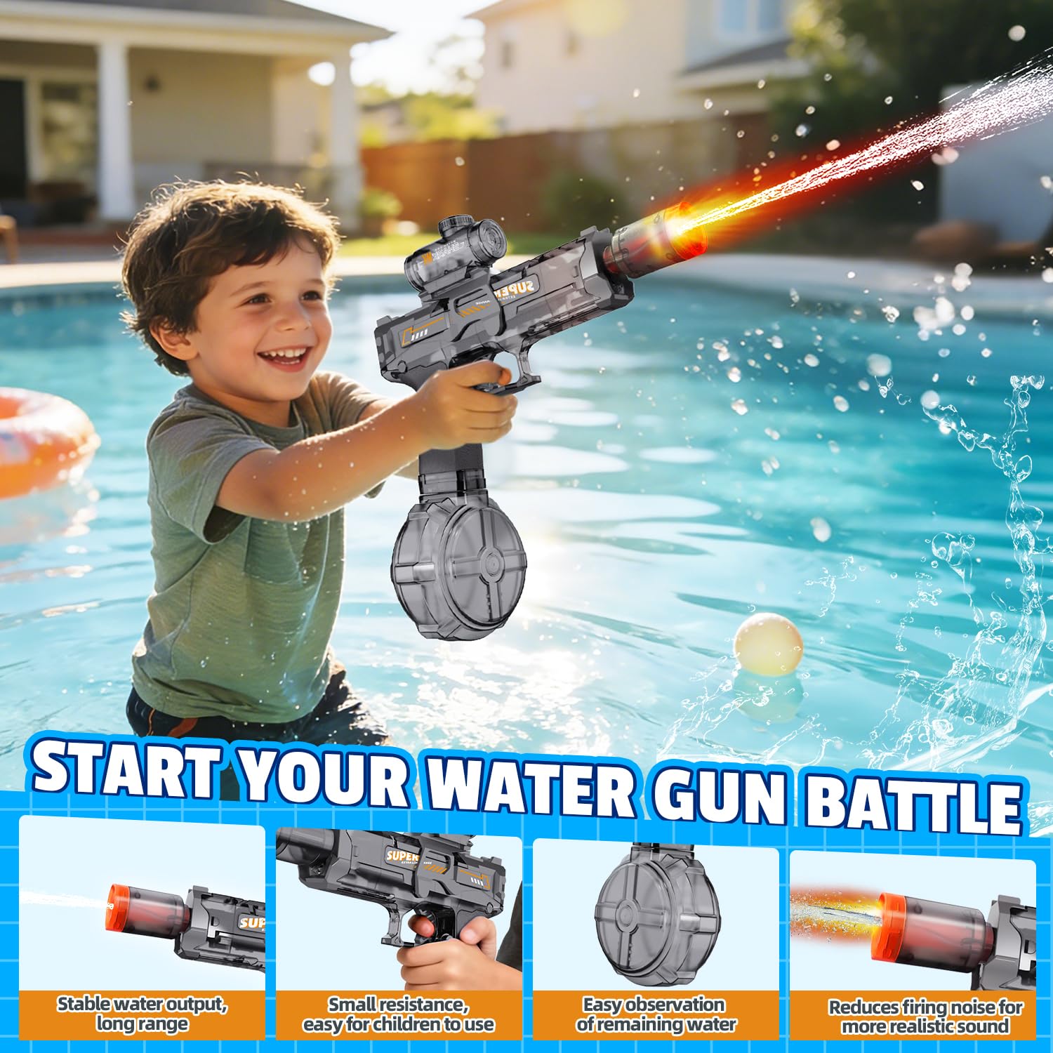 4PCS Electric Water Gun for Kids Adults,Mini Auto Squirt Gun with Flashing Muzzle,26FT Range,Leak-Proof Rechargeable Water Blaster for Summer Pool Beach Water Fights (Black+Blue) - 4