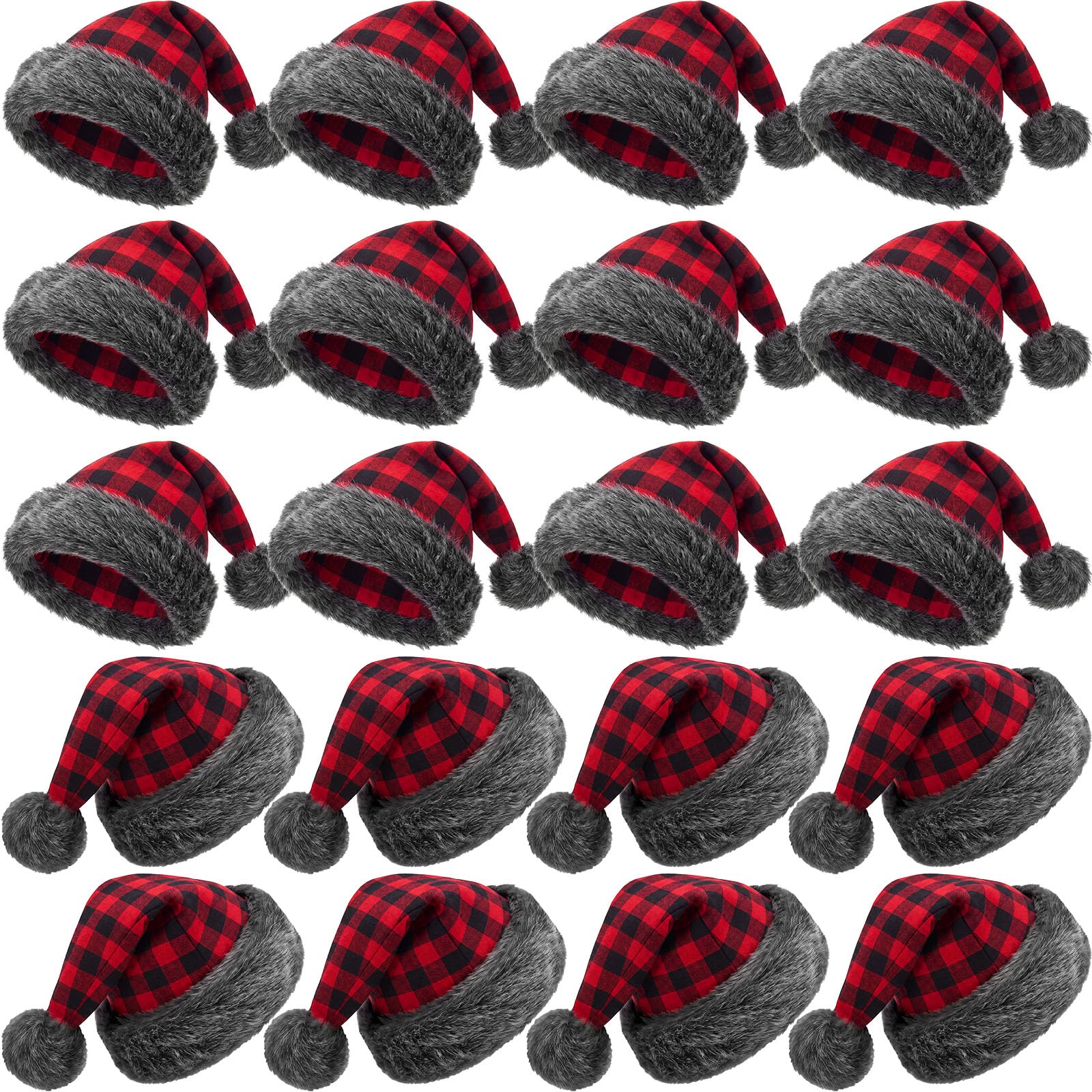 Vicenpal 20 Pcs Santa Hats Bulk for Adults, Grey Red Black, Plaid