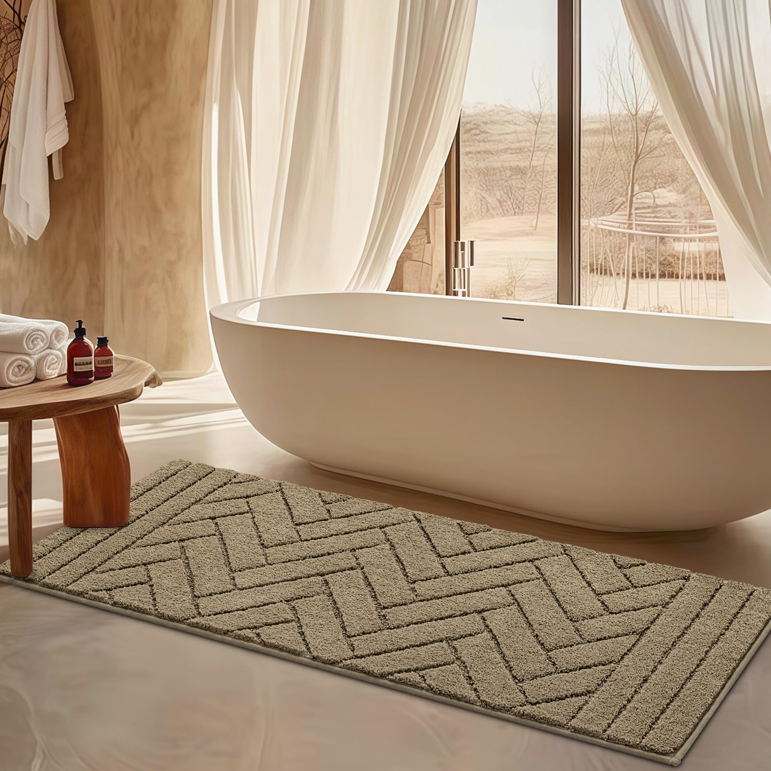 hicorfe Luxury Long Bath Mat 24"x59" Extra Soft and Absorbent Bathroom Mat Non-Slip Plush Shaggy Machine Washable Bathroom Carpet for Bathroom Floor,Shower,Sink-Taupe