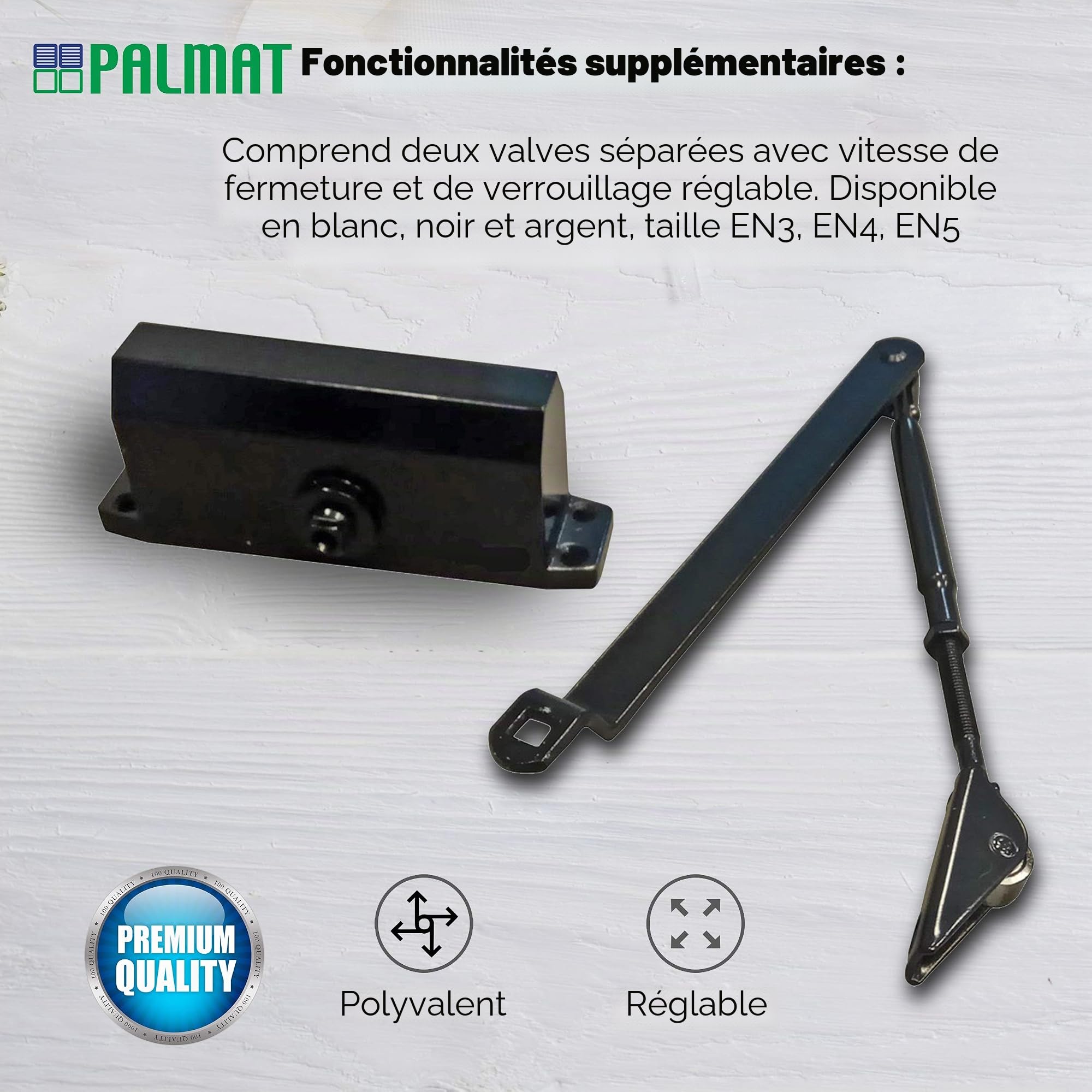 PALMAT - Ferme-Porte Automatique Hydraulique – Réglable, Rotatif, A Bras Compas, Ideal pour maison, Magasin, Bureau, Pour Porte de jusque (80-120 Kg, Noir)