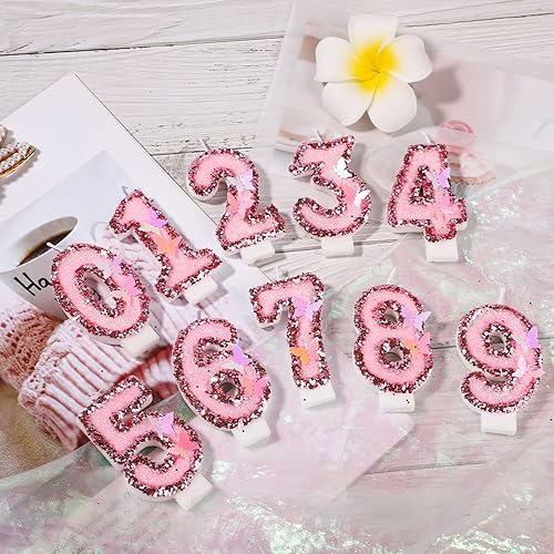 Vista 50 de Velas de números de cumpleaños de 3 x 2 pulgadas, velas de números con purpurina, velas de cumpleaños de mariposa rosa con lentejuelas