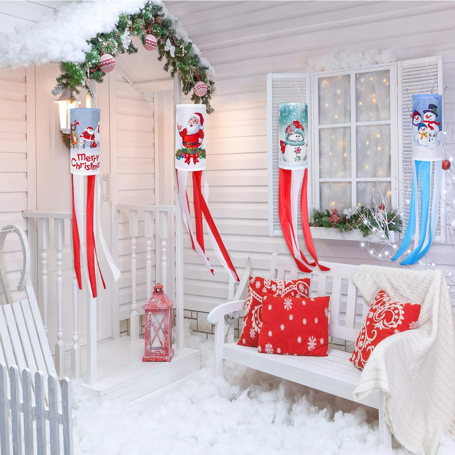 Tatuo 4 Pieces 40 Inches Christmas Windsock Flag Snowman Windsock Flag Santa Claus Windsock Winter Windsock Outdoor Hanging Decoration for Front Yard Patio Lawn Garden Party