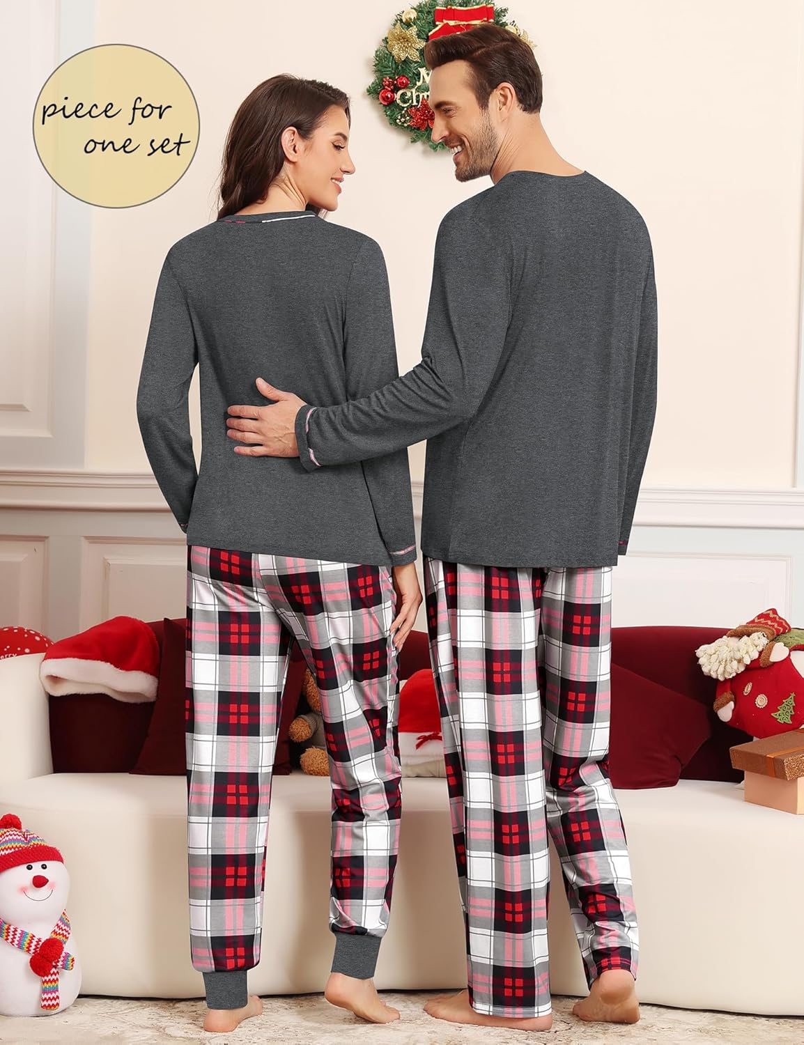 SWOMOG Couples Pajama Set Long Sleeve and Plaid Pants with Pockets Pjs Soft Sleepwear Lounge Set - Image 3