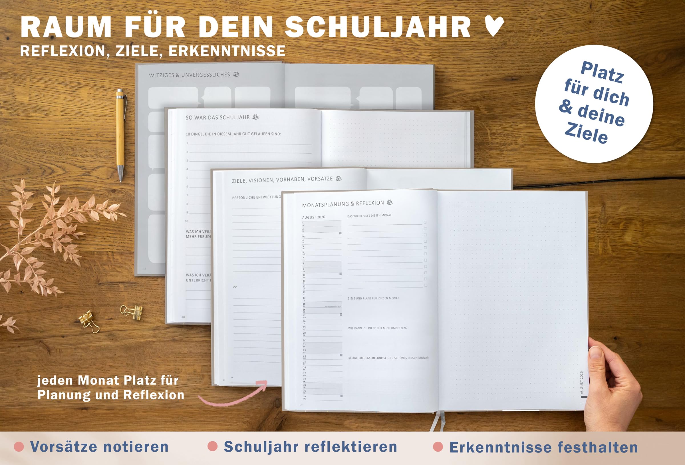 Eine der Guten Grundschulplaner 2026/2027 A4 Hardcover – Lehrerkalender Grundschule 2026 2027 | 2 Lesebänder, 6 Stunden, Beobachtungsbögen | nachhaltig, FSC-Papier, klimaneutral | Grau Beige Blumen