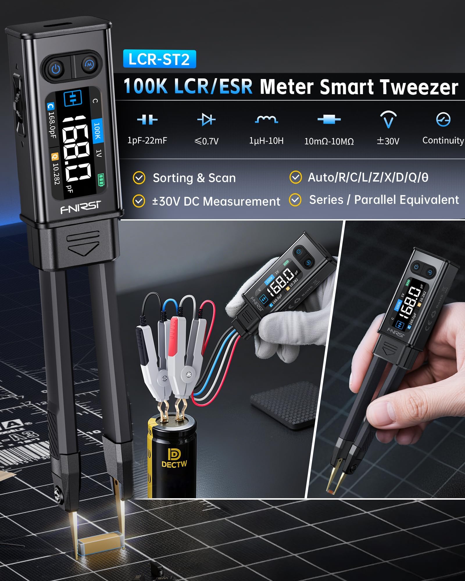 LCR Messgerät,100 kHz LCR-Messgerät mit Pinzette,SMD Durchsteckkomponententester/Automatischer Sortiervergleich/Widerstands/Induktivitäts/Dioden/Kondensatortester/Vollband-Scan LCR-ST2