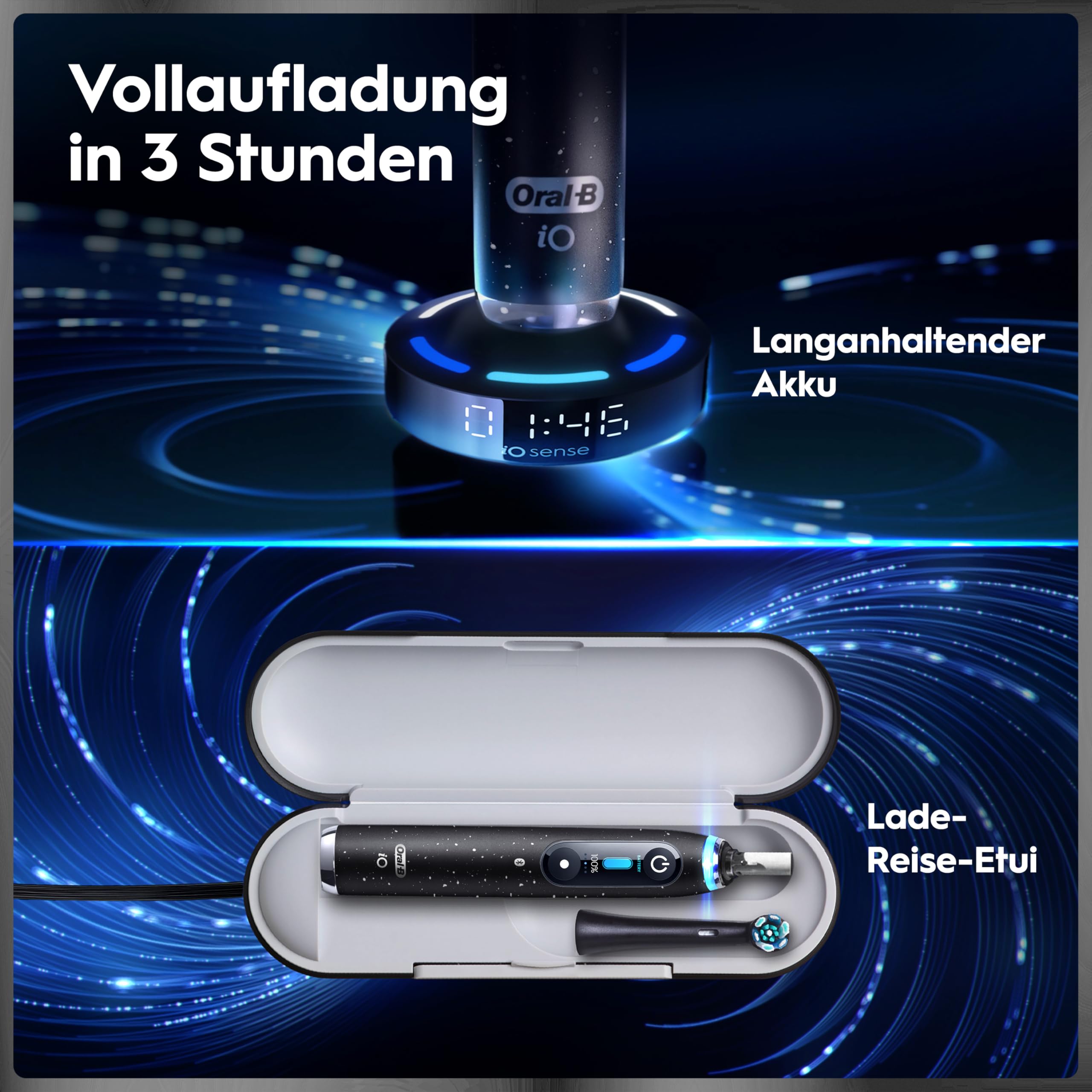 Oral-B iO Series 10 Elektrische Zahnbürste, Schwarz | Inkl. 3 Aufsteckbürsten, Lade-Reise-Etui, iOSense, Electric Toothbrush mit 7 Putzmodi für Zahnpflege