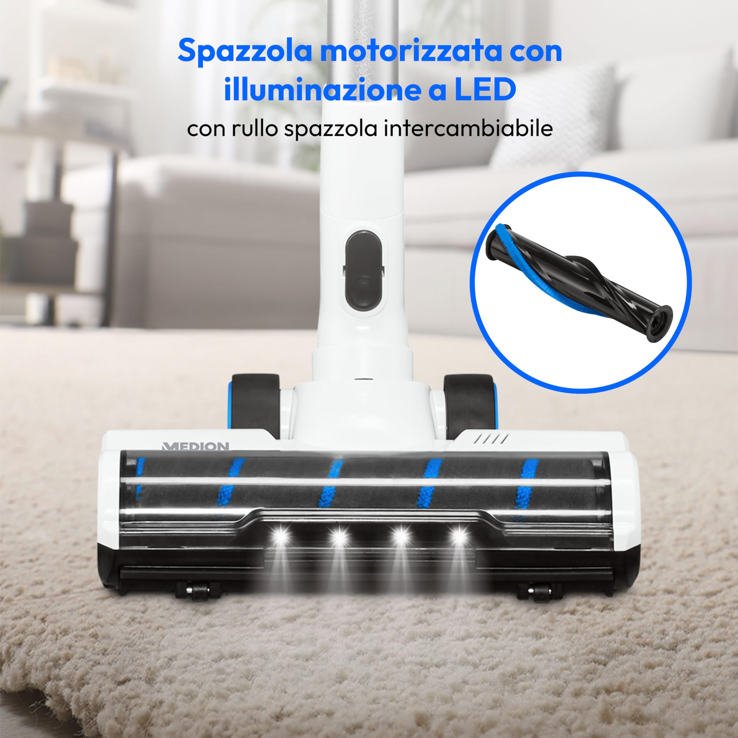 MEDION Aspirapolvere senza fili P350 W, Scopa elettrica senza fili e sacchetto con base di ricarica e potenza massima di 24 kPa e 350 Watt, Aspirapolvere e lavapavimenti 2 in 1