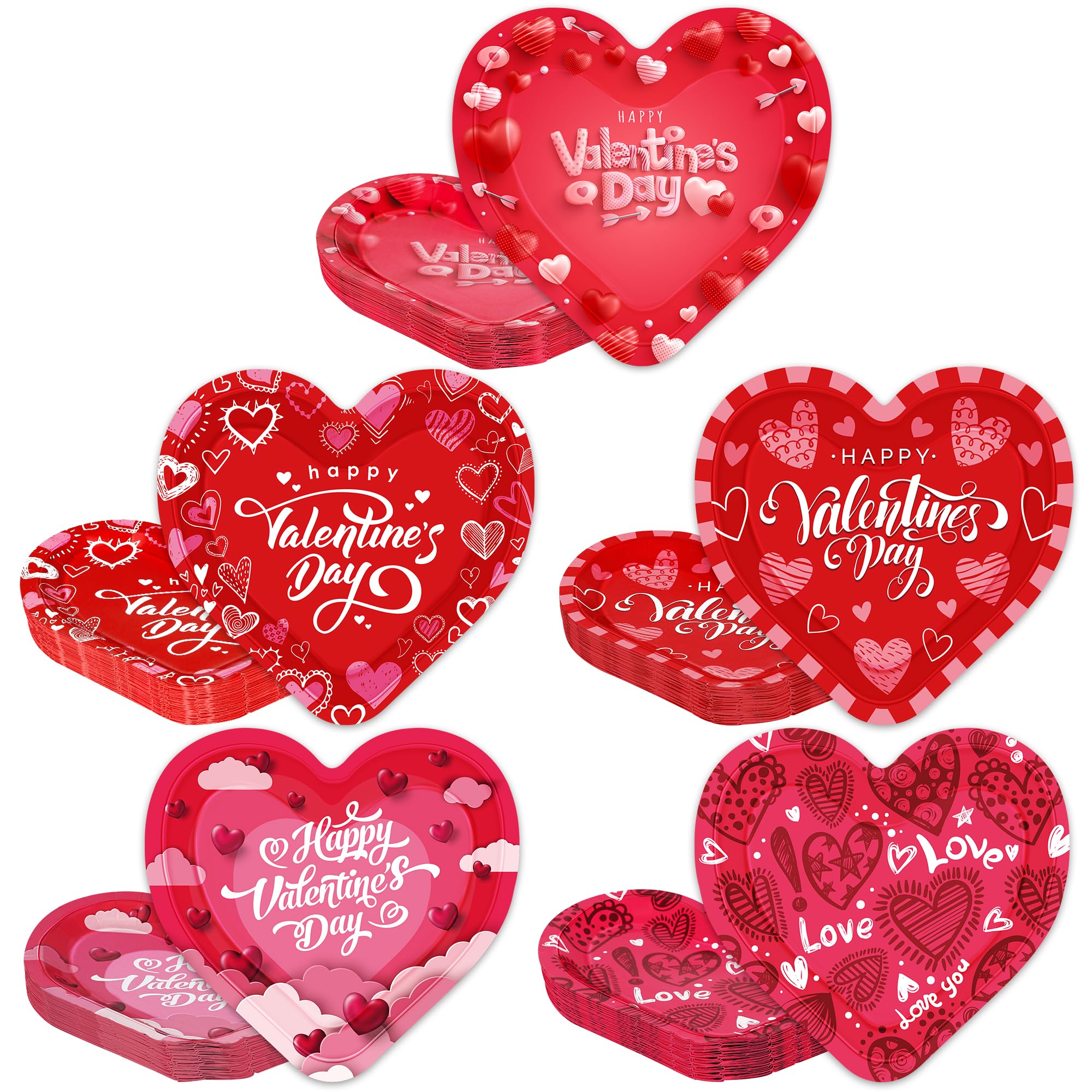 50 PCS Valentines Day Decor, 9" Heart Shaped Plates with 5 Styles, Disposable Heart Paper Plates, Red Heart Plates, Dinner Dessert Cake Plates Decorative Tableware Dinnerware Party Favors