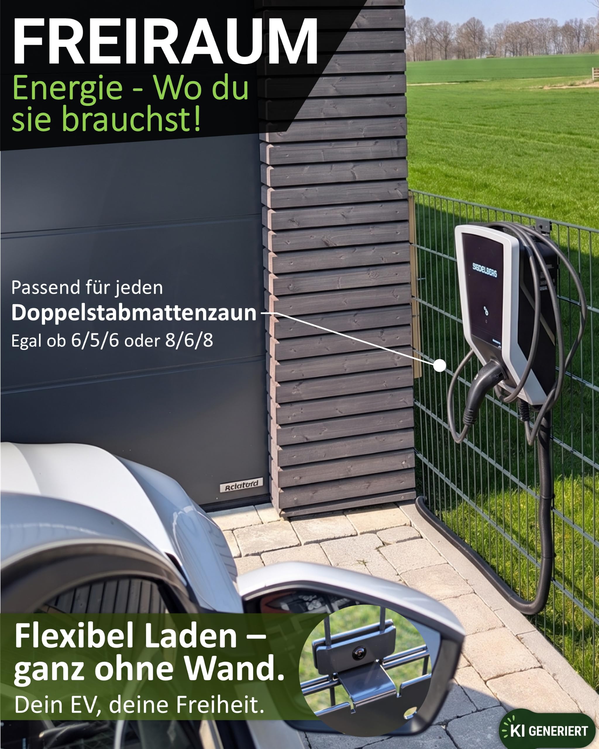 Wallboxhalterung Zaun, kompatibel mit Heidelberg®, Elli®, u.a. | Wallbox Standfuß alternative für ABL®, Zaptec®, myenergi®, Webasto® u.a., Anthrazit, Stahl, ohne Bohren, Montage-Kit