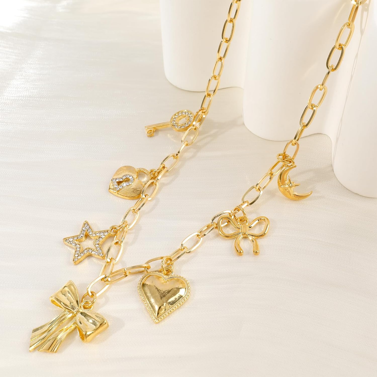 NEKOL Gold Bow Charm Necklace for Women 14K Gold Plated Bowknot Necklace with Cute Dangle Bow Tie Ribbon Cubic Zirconia Love Heart Lock Key Moon Star Pendant Adjustable Trendy Y2K Party Jewelry Gift - Image 3