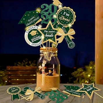 kockuu Glitter Green Gold Graduation Decorations for Class of 2026-60pcs Green Gold Double Sided Graduation Table Centerpieces Sticks with LED String Lights for College High School Grad Party Decor