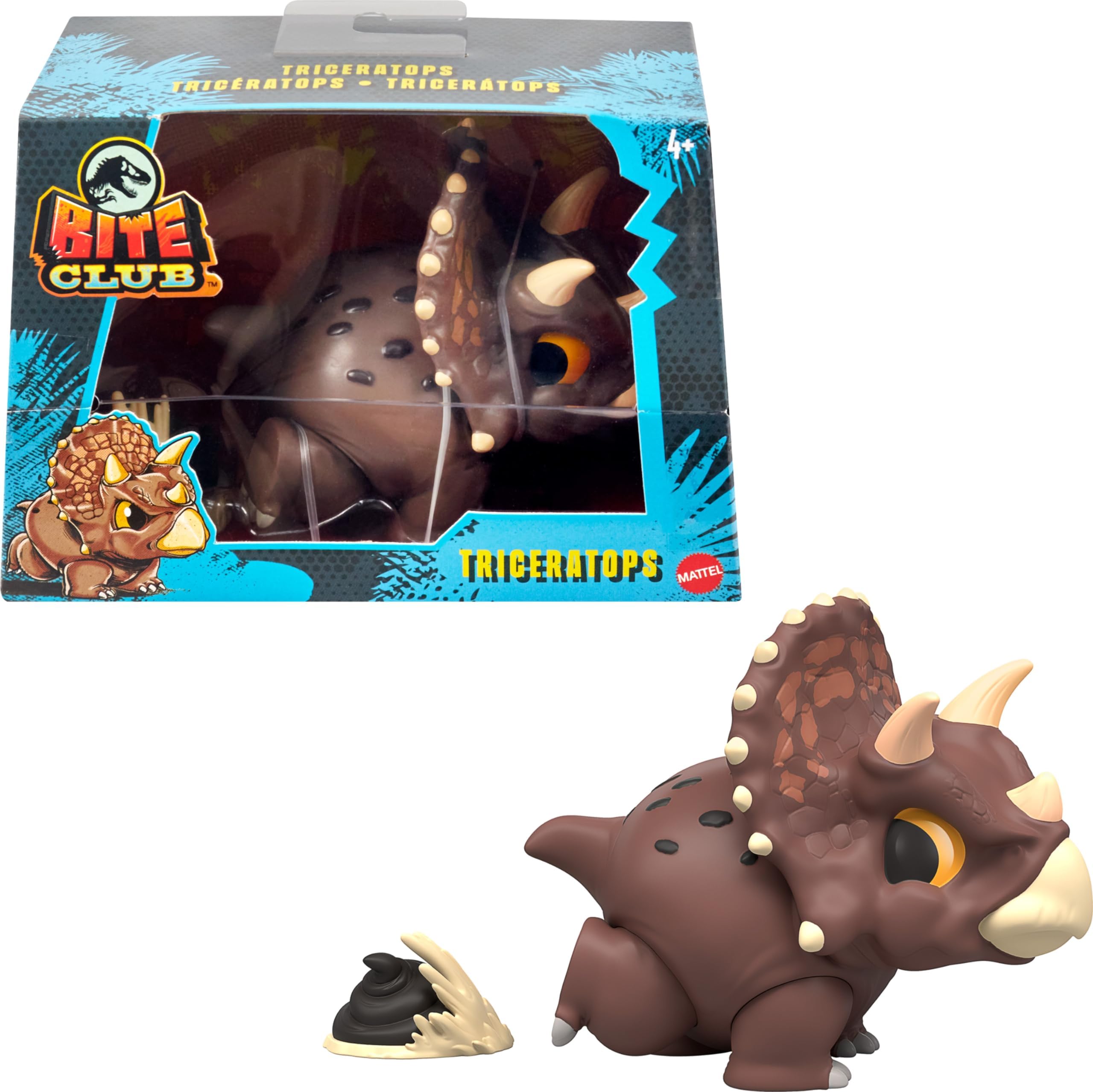 Mattel Jurassic World Bite Club Dinosaur Action Figure & Accessory, Triceratops Chubby-Stylized Toy Collectible