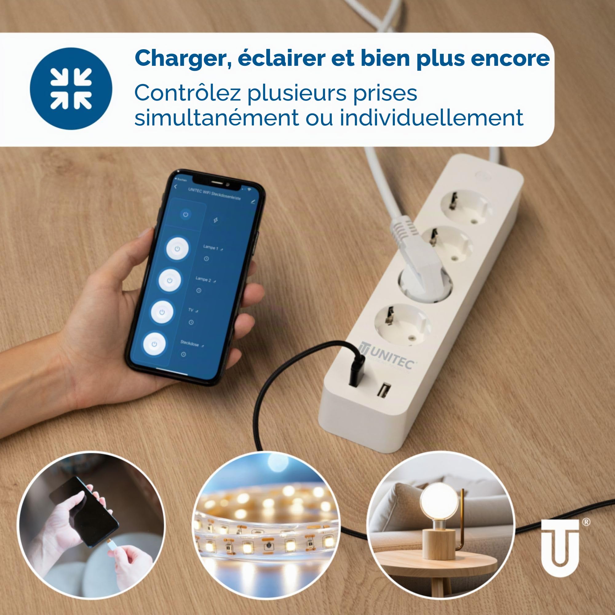 UNITEC 30798 Multiprise Wi-Fi 4 x 2 | Prise intelligente Wi-Fi avec minuterie | Mesure des coûts d'énergie | Commande vocale et application | Avec 2 sorties USB