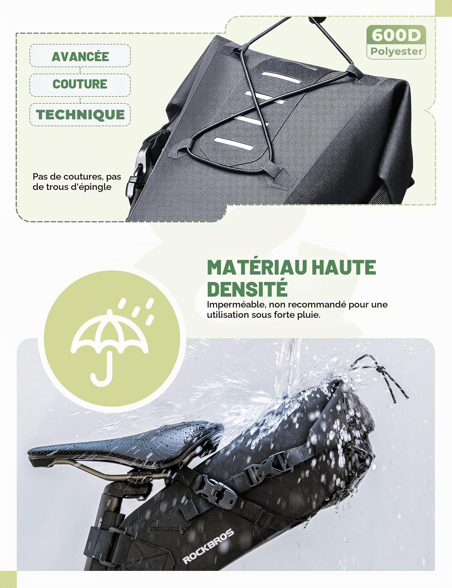 ROCKBROS Sacoche Selle Vélo 3-5L Arrière 3 Formulaires Sac Rangement Queue sous Siège VTT Pliable Feu Arrière Suspendu Porte Bagage Réfléchissant Vélo Course Route Gravel Électrique Étanche Noir