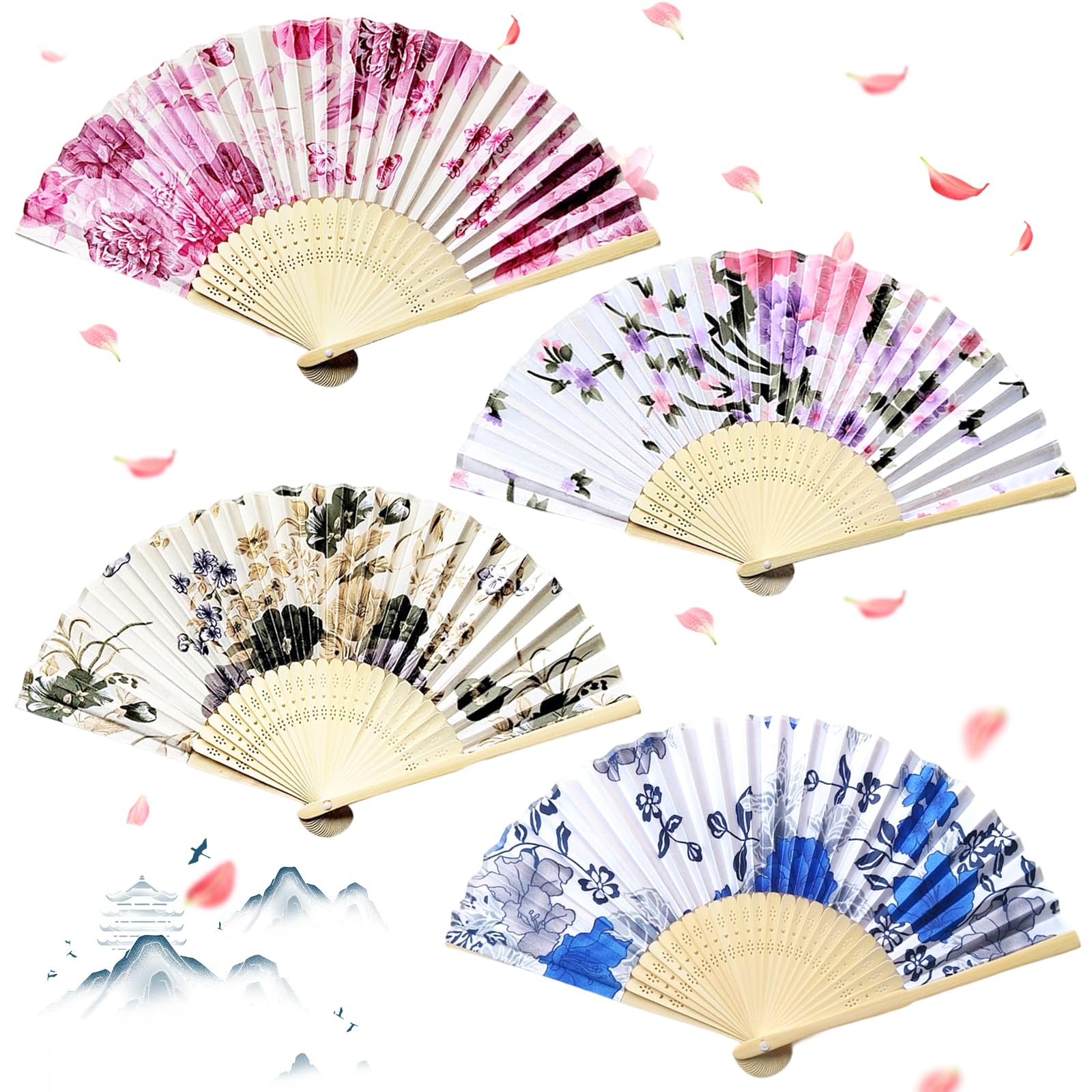 4 Pieces Folding Hand Fans for Women, Wooden Fans, Traditional Chinese Style Fans for Bride Guests Wedding Party Dance Art for Summer Gifts and Wall Decor