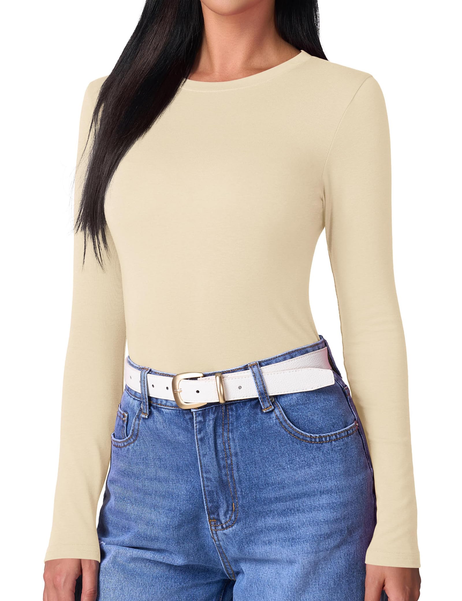 Beluring Camiseta de manga larga para mujer, cuello redondo, ajustada, básica, acanalada
