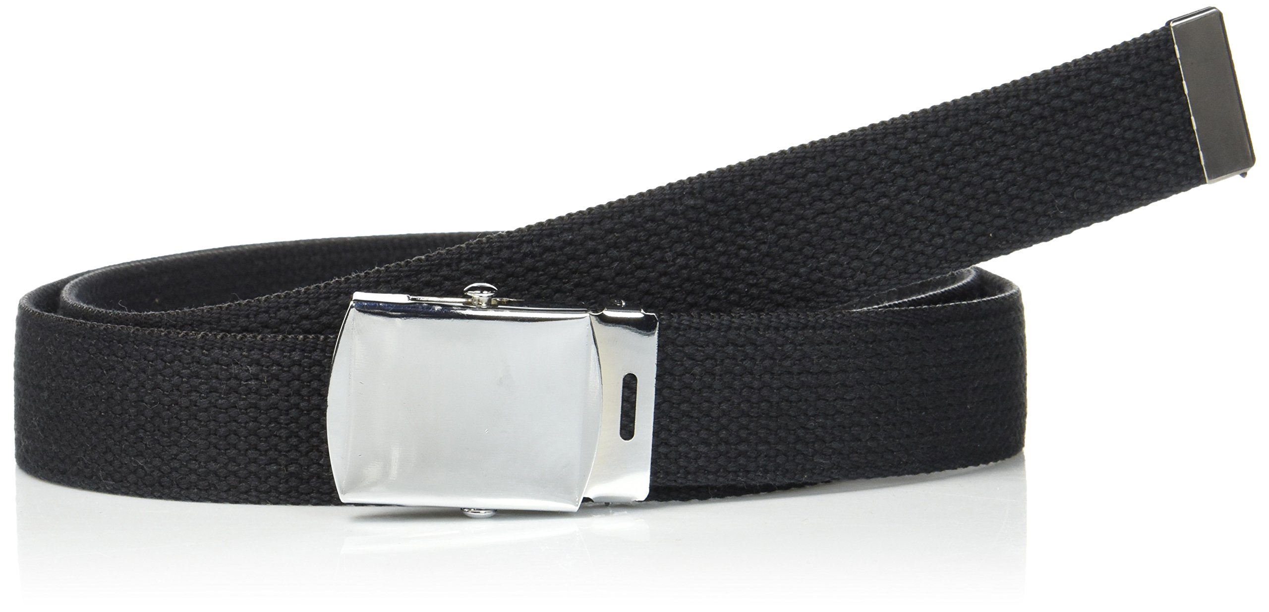 Mil-tec Black, 100% cotton webbing US trouser belt with silver coloured metal buckle.