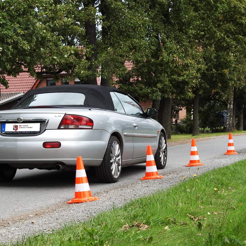 UvV 4 x 50 cm Leitkegel Warnleitkegel Pylon 1,2 kg schwer 500 mm Verkehrshütchen Kegel Orange mit 2 weissen Streifen (Folie) stapelbar Hergestellt in Delbrück (Orange-Weiss)