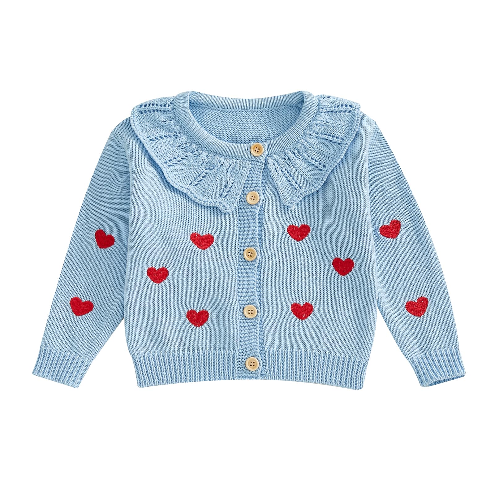 Newbgclo Toddler Baby Girls Sweater Casual Heart Embroidery Doll Collar Button Knitwear Infant Warm Clothes Winter (Blue, 18-24 Months)