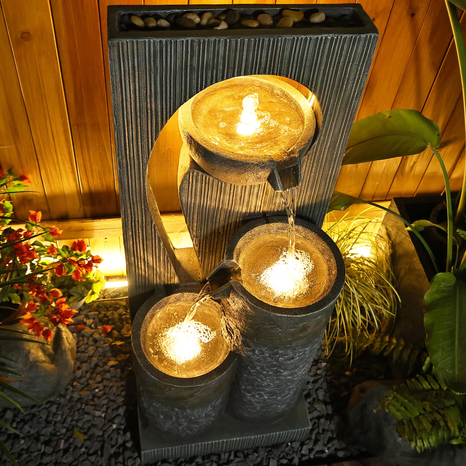 Outdoor Water Fountain Garden Waterfall - Large Zen Indoor Fountains Modern Freestanding Water Features with Lights and Pump for Patio Yard Deck Porch Pool Gray
