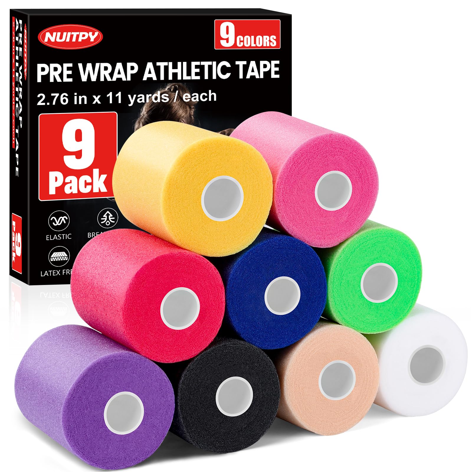 9 Pack Pre Wrap Tape, 9 Colors 2.76 Inch x 11 Yards Prewrap Athletic Tape for Hair Soccer, Pre Wrap Foam Tape, Soccer Pre Wrap Tape, Prewrap Headbands