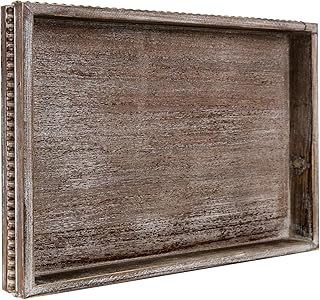 Wooden Decorative Tray, Rectangular Serving Tray with Wood Bead, Farmhouse Big Tray for Ottoman, Countertop, Coffee Tabl, 16.5" x 13"x 1.6" (Retro Brown)
