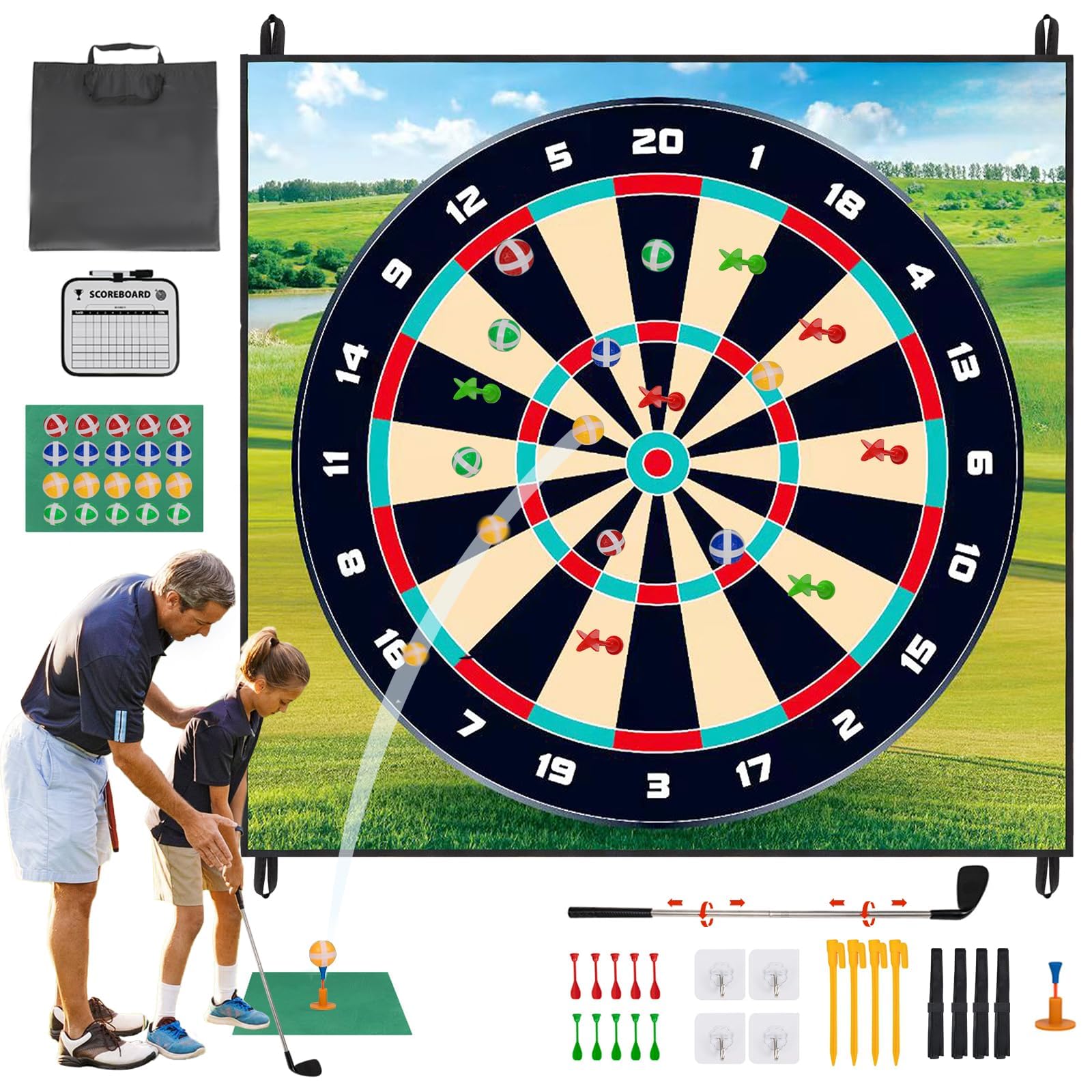 Golf Schlagmatte Dart Training Matte, Golf Chipping Spiel Set für Zuhause Indoor Outdoor Erwachsene, Sticky Golf Game mit 20 Golfbällen und 10 Darts, Geeignet für Golfliebhaber und Anfänger